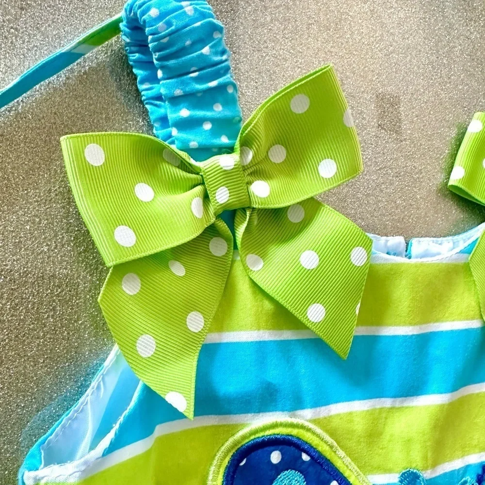 Youngland Girl Green & Blue Striped with PolkaDot Ruffles Butterfly Dress (1072)